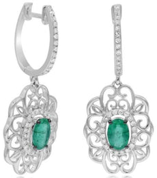 1.04CT DIAMOND & AAA EMERALD 14KT WHITE GOLD 3D OPEN FILIGREE HANGING EARRINGS
