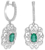 1.04CT DIAMOND & AAA EMERALD 14KT WHITE GOLD 3D OPEN FILIGREE HANGING EARRINGS