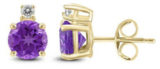 ESTATE 3.10CT DIAMOND & AAA AMETHYST 14K YELLOW GOLD ROUND 2 STONE STUD EARRINGS