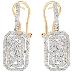 1.56CT DIAMOND 14KT YELLOW GOLD CLUSTER SQUARE HALO FUN CLIP ON HANGING EARRINGS