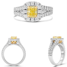1.44CT WHITE & FANCY YELLOW DIAMOND 18KT TWO TONE GOLD 3D CUSHION & ROUND RING