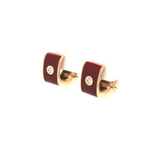 ESTATE .05CT DIAMOND & RED ENAMEL 18KT ROSE GOLD SQUARE HUGGIE HANGING EARRINGS