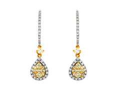 1.05CT WHITE & FANCY YELLOW DIAMOND 14KT 2 TONE GOLD CLUSTER TEAR DROP EARRINGS