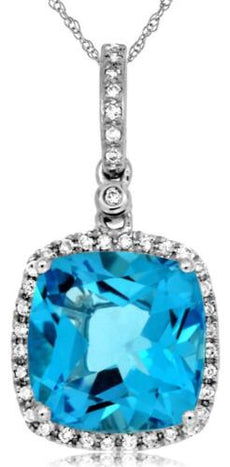 5.06CT DIAMOND & AAA BLUE TOPAZ 14KT WHITE GOLD 3D CUSHION HALO FLOATING PENDANT