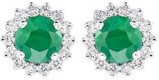 .59CT DIAMOND & AAA EMERALD 14K WHITE GOLD 3D CLASSIC ROUND FLOWER STUD EARRINGS