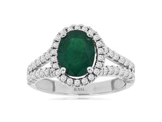 2.32CT DIAMOND & AAA EMERALD 14K WHITE GOLD 3D OVAL & ROUND HALO ENGAGEMENT RING