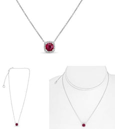 1.36CT DIAMOND & AAA RUBY 18KT WHITE GOLD 3D ROUND & CUSHION HALO LOVE NECKLACE