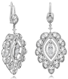 ESTATE LARGE 2.03CT DIAMOND 18K WHITE GOLD MULTI LEAF TEAR DROP HANGING EARRINGS