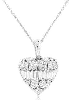 .43CT DIAMOND 14KT WHITE GOLD ROUND & BAGUETTE HEART SHAPE CLUSTER LOVE PENDANT