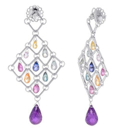 16.73CT DIAMOND & AAA MULTI GEM 18KT WHITE GOLD 3D TEAR DROP HANGING EARRINGS