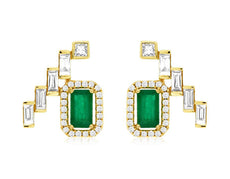 .68CT DIAMOND & AAA EMERALD 14KT YELLOW GOLD 3D MULTI SHAPE EAR CLIMBER EARRINGS
