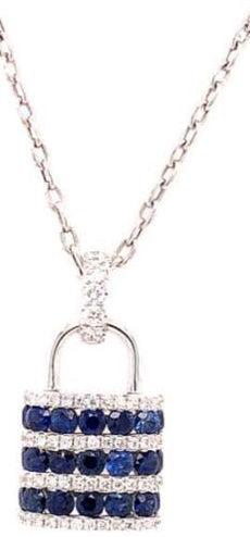1.72CT DIAMOND & AAA SAPPHIRE 18KT WHITE GOLD 3D FUN LOCK LOVE FLOATING PENDANT