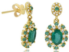 1.63CT DIAMOND & AAA EMERALD 14KT YELLOW GOLD OVAL & ROUND FLOWER EARRINGS