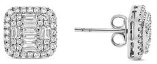 .98CT DIAMOND 14KT WHITE GOLD 3D ROUND & BAGUETTE SQUARE HALO CLUSTER EARRINGS
