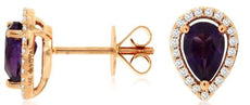 .87CT DIAMOND & AAA AMETHYST 14K ROSE GOLD PEAR SHAPE & ROUND HALO STUD EARRINGS
