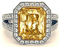 CERTIFIED LARGE 6.36CT WHITE & FANCY YELLOW DIAMOND 18K 2 TONE GOLD CUSHION RING