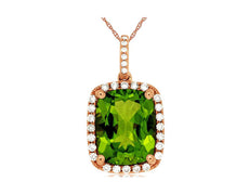 4.47CT DIAMOND & AAA PERIDOT 14K ROSE GOLD CUSHION & ROUND HALO FLOATING PENDANT