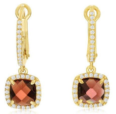 2.65CT DIAMOND & AAA GARNET 14KT YELLOW GOLD 3D CUSHION & ROUND HANGING EARRINGS