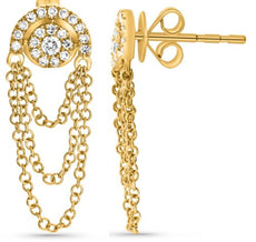 .18CT DIAMOND 14KT YELLOW GOLD 3D FLOWER HORSESHOE MULTI STRAND HANGING EARRINGS