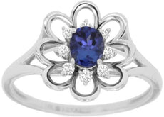 0.47CT DIAMOND & AAA TANZANITE 14KT WHITE GOLD OVAL & ROUND OPEN FLOWER FUN RING