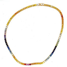 22.53CT AAA MULTI COLOR SAPPHIRE 14K YELLOW GOLD CLASSIC RAINBOW TENNIS NECKLACE