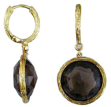 14.04CT DIAMOND & AAA SMOKEY TOPAZ 14KT YELLOW GOLD 3D ROUND HANGING EARRINGS