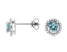 1.03CT DIAMOND & AAA AQUAMARINE 14KT WHITE GOLD ROUND HALO CLASSIC STUD EARRINGS