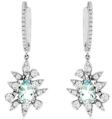 1.45CT DIAMOND & AAA AQUAMARINE 14K WHITE GOLD 3D FLOWER HUGGIE HANGING EARRINGS