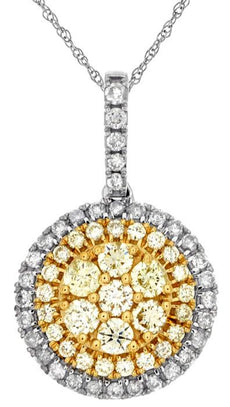 .72CT WHITE & FANCY YELLOW DIAMOND 14KT 2 TONE GOLD CLUSTER DOUBLE HALO PENDANT