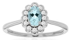 .56CT DIAMOND & AAA AQUAMARINE 14KT WHITE GOLD 3D OVAL & ROUND FLOWER LOVE RING