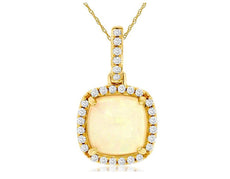 1.02CT DIAMOND & AAA OPAL 14KT YELLOW GOLD CUSHION & ROUND HALO FLOATING PENDANT