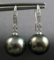 LARGE .06CT DIAMOND & AAA TAHITIAN PEARL 14KT WHITE GOLD 3D FUN HANGING EARRINGS
