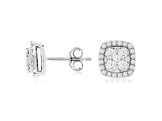 ESTATE .70CT DIAMOND 14KT WHITE GOLD 3D ROUND CLUSTER SQUARE HALO STUD EARRINGS