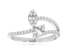.42CT DIAMOND 14KT WHITE GOLD ROUND & BAGUETTE DOUBLE LEAF CRISS CROSS FUN RING