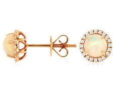 ESTATE 1.16CT DIAMOND & AAA OPAL 14KT ROSE GOLD CLASSIC ROUND HALO STUD EARRINGS