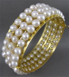 WIDE ANTIQUE 18K YELLOW GOLD 3 ROW NATURAL PEARL BANGLE BRACELET 23MM 7.5" #1109