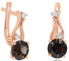 2.35CT DIAMOND & AAA SMOKY TOPAZ 14K ROSE GOLD 3D ROUND 3 STONE HANGING EARRINGS