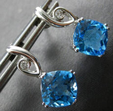 3.46CT DIAMOND & AAA BLUE TOPAZ 14KT WHITE GOLD CUSHION & ROUND HANGING EARRINGS