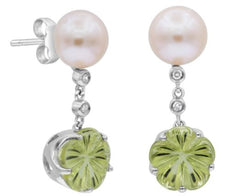 3.92CT DIAMOND & AAA LEMON QUARTZ & SOUTH SEA PEARL 14KT WHITE GOLD 3D EARRINGS