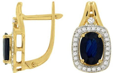 2.18CT DIAMOND & AAA SAPPHIRE 14KT YELLOW GOLD 3D OVAL & ROUND HANGING EARRINGS