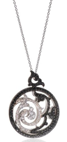 1.48CT WHITE BLACK & BROWN DIAMOND 18KT WHITE GOLD 3D FILIGREE FLOATING PENDANT