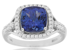 WIDE 3CT DIAMOND & AAA TANZANITE 14KT WHITE GOLD 3D CUSHION HALO ENGAGEMENT RING