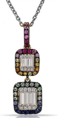 .75CT DIAMOND & AAA MULTICOLOR SAPPHIRE 14KT WHITE & BLACK GOLD FLOATING PENDANT