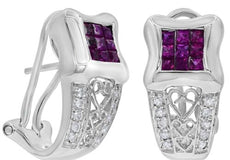 .73CT DIAMOND & AAA RUBY 14K WHITE GOLD 3D PRINCESS MULTI HEART HANGING EARRINGS