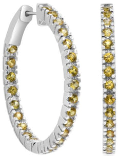 1.40CT YELLOW SAPPHIRE 14KT WHITE GOLD 3D ROUND INSIDE OUT HOOP HANGING EARRINGS