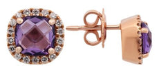 .65CT DIAMOND & AAA AMETHYST 18K ROSE GOLD 3D CUSHION & ROUND HALO STUD EARRINGS