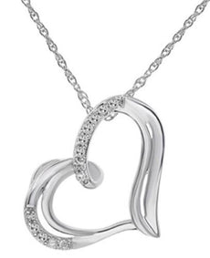 ESTATE .04CT DIAMOND 14KT WHITE GOLD CLASSIC OPEN HEART SIDEWAY FLOATING PENDANT