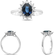 1.85CT DIAMOND & AAA SAPPHIRE 14K WHITE GOLD OVAL & ROUND FLOWER ENGAGEMENT RING