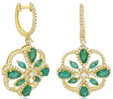 2.75CT DIAMOND & AAA EMERALD 14KT YELLOW GOLD 3D MULTI SHAPE FLOWER FUN EARRINGS
