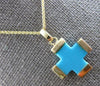 ESTATE AAA TURQUOISE 14KT YELLOW GOLD 3D CLASSIC CROSS FLOATING PENDANT